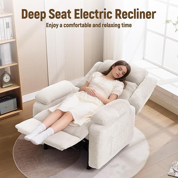 Power Recliner Chair Living Room Chairs for Adults Oversized Electric Recliner with Side Pockets Chenille Fabric Reclining Chair for Living Room Bedroom