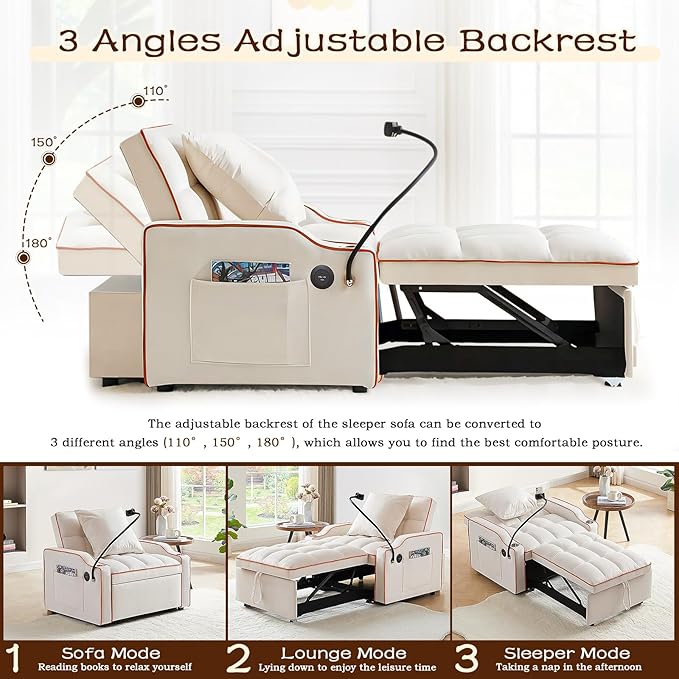 KINFFICT Sleeper Sofa Chair Bed Convertible 3-in-1 Sofa Armchair Adjustable Sleeper Chairs with Pullout Bed Single Lounger Futon Chairs with Side Pockets for Living Room (Beige)
