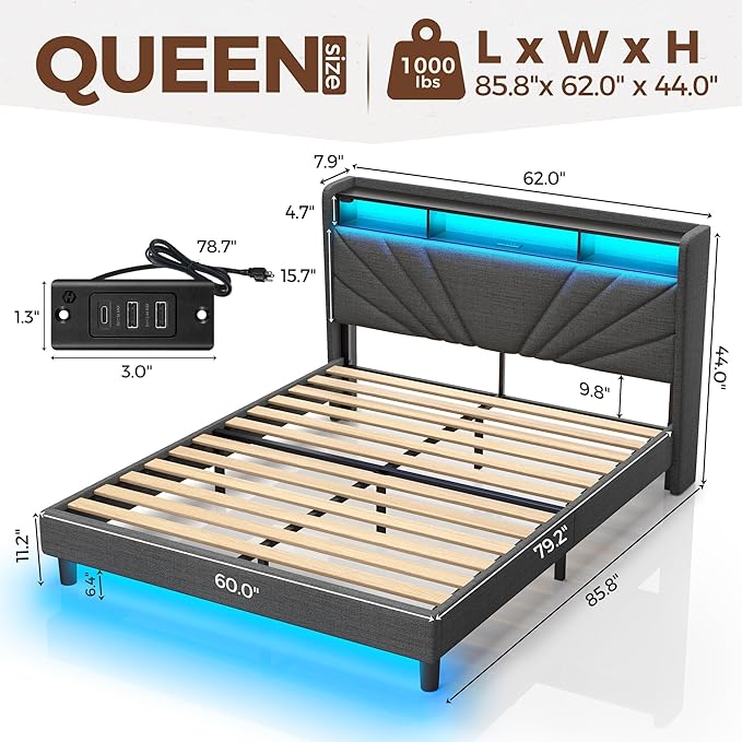 Rolanstar Queen Size Bed Frame Storage Headboard with Charging Station and LED Lights Upholstered Bed with Heavy Duty Wood Slats No Box Spring Needed Noise Free Easy Assembly Dark Grey