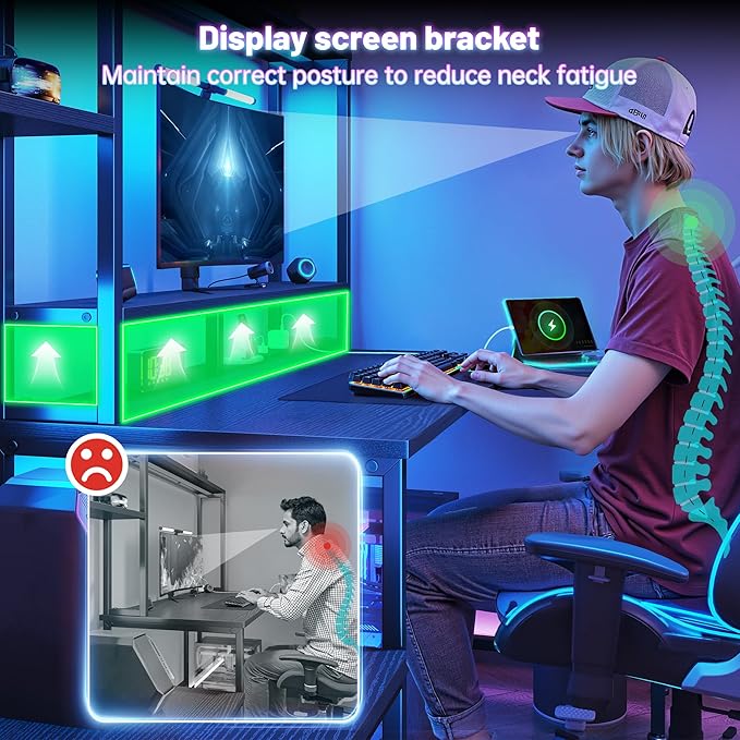Gaming Desk with LED Lights &amp Outlets55 L Shaped Computer Desk with Shelves &amp Storage HutchReversible Corner Gaming Table with Printer Space &amp Monitor Stand for Home OfficeBlack