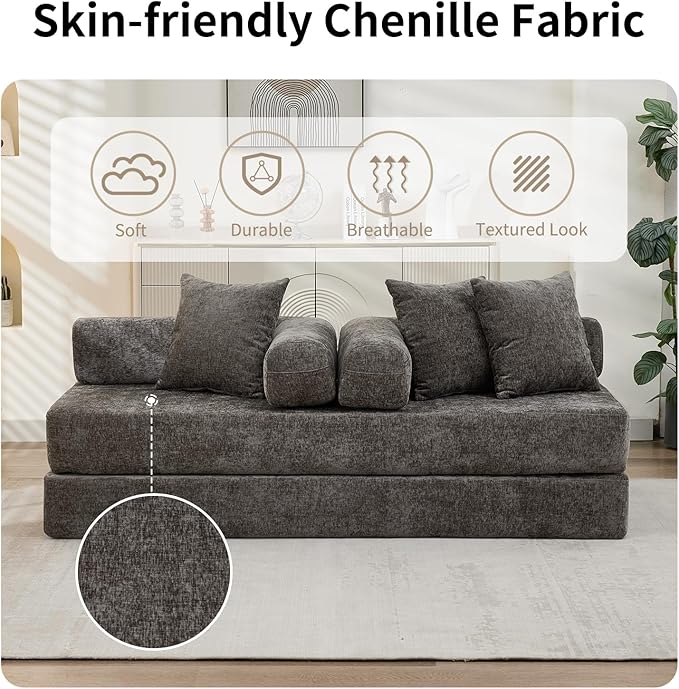 Convertible Sofa Bed 4-in-1 Floor Foldable Couch Bed with Armrests &amp Pillow Chenille Fabric No Assembly Required Comfy Memory Foam Couch Lounge Sofa for Living Room Grey