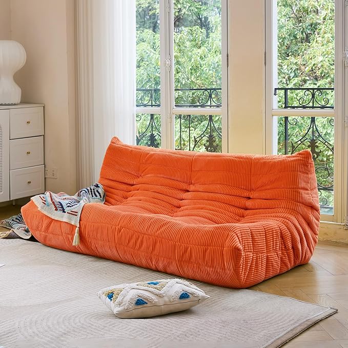 N&ampV Fireside Three Seater Mid Century Armless Twin Size Floor Sofa Soft Premium Corduroy Floor Lounge Chair Foam Sofa Accent Chair for Living Room Bedroom (Tangerine)