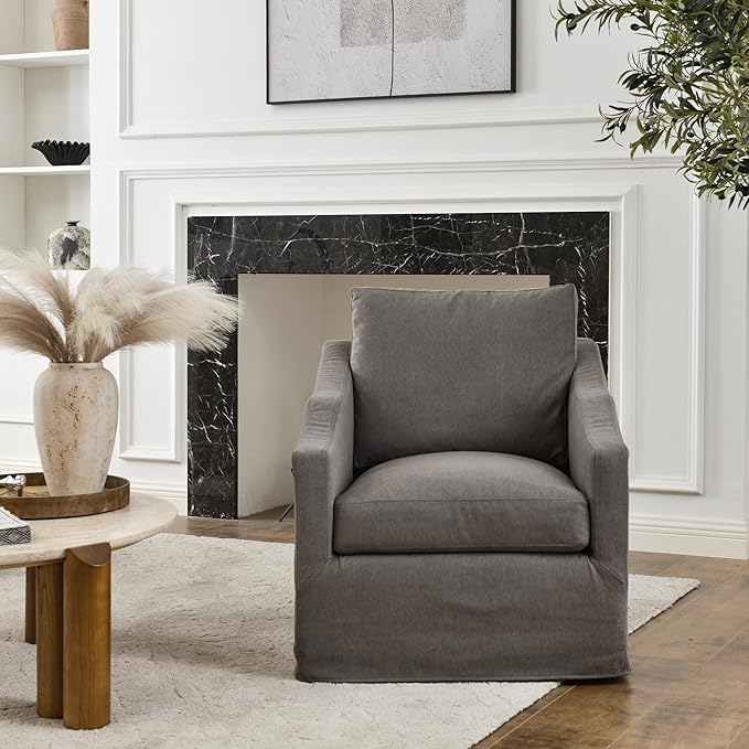 KINWELL 28 Wide Upholstered Down Fill Slipcovered Swivel Barrel Chair Modern Comfy Swivel Accent Chair with Pillow Back for Living Room Bedroom Fully Assembled (Slate Gray)