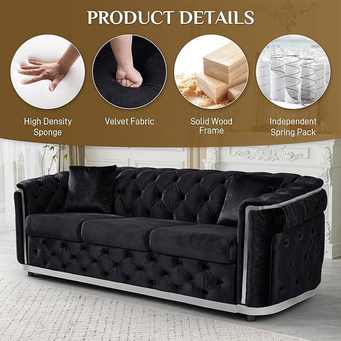 Velvet Couch Black and Silver Sofa Luxury Loveseat 84.6 Mid Century Modern Chesterfield Sofa Couch for Living Room Tufted Sofas with 2 Pillows &amp Classic Golden Decor Black