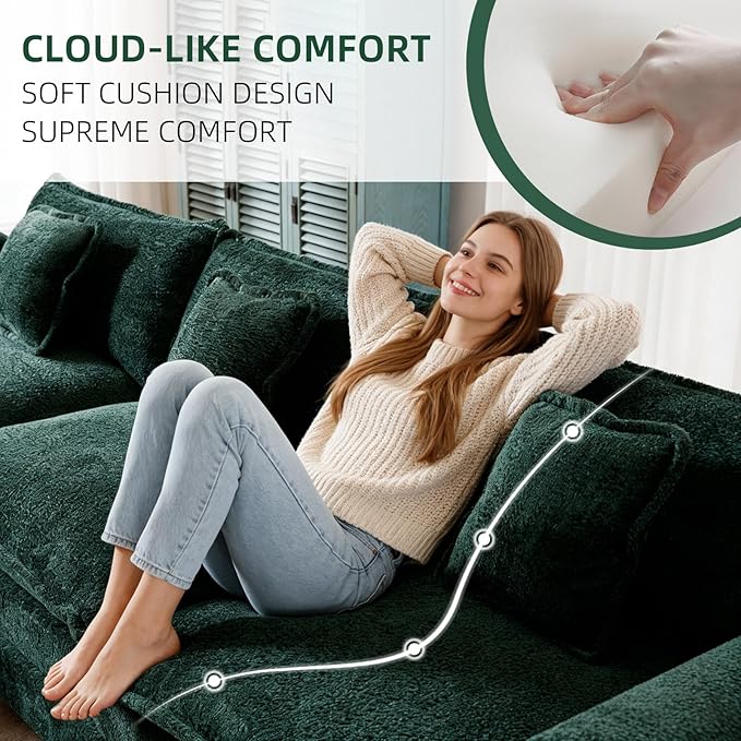 GNIXUU 112 Green Modular Cloud Couch Sofa Modern Chenille L Shaped Sectional Couches for Living Room Comfy Deep 4 Seater Sofa with Movable Ottoman &amp 3 Pillows