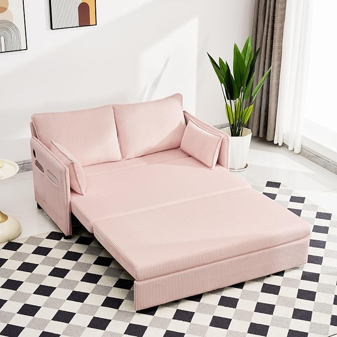 GDFStudio 55 Convertible Sofa Bed 3-in-1 Sofa Bed Couch with Pull Out Design Corduroy Sleeper Sofas with USB Ports &amp Side Pocket Modern Loveseat Sleeper for Living Room Bedroom Small Space Pi