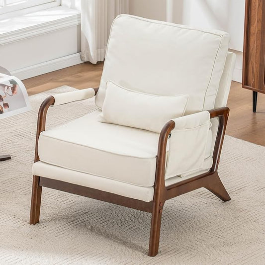 Mid Century Modern Accent Chair with Triangular Raising PadUpholstered Armchair with Solid Wood Frame &amp Soft Cushion for Living RoomBedroomBelconySunroomBeige