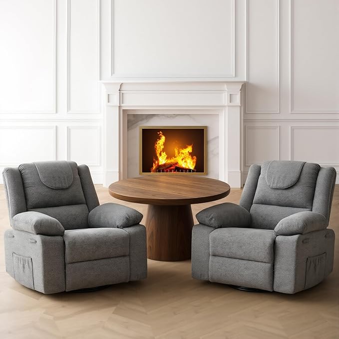 Oversized Swivel Rocking Recliner Chair for Adults 360° Swivel Glider Nursery Chair with Vibration Massage &amp Heat Comfortable Single Sofa for Living Room Bedroom Gray