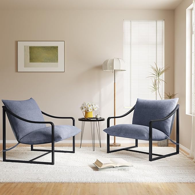 Sling Accent Chair Set of 2 Modern Comfy Chair with Soft Cushion Metal Frame Armchair with Foam Cushion Aidan Accent Chairs for Bedroom Living Room Easy Assembly