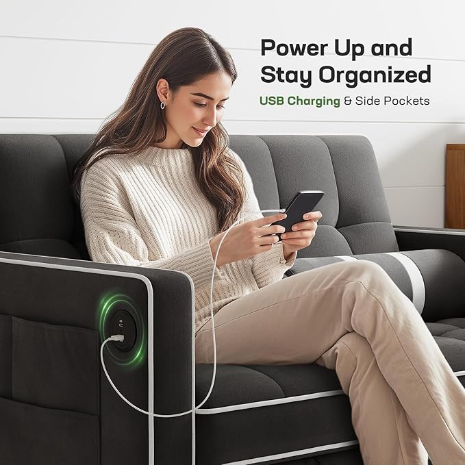 Marsail 3-in-1 Convertible Futon Sleeper Sofa Bed Pull Out Couch with Adjustable Backrest USB Charging &amp Side Pockets Velvet Fabric Sofa for Living Room Apartment Loveseat Black