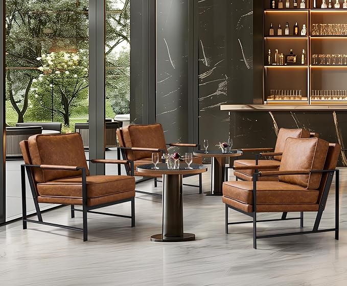 Yaheetech PU Leather Armchairs Retro Leisure Accent Chair with Extra Soft Padded and Cushion 105 Degree Slant Back Modern Reading Arm Chair for Living Room/Office/Bedroom/Study 2pcs Light Brown