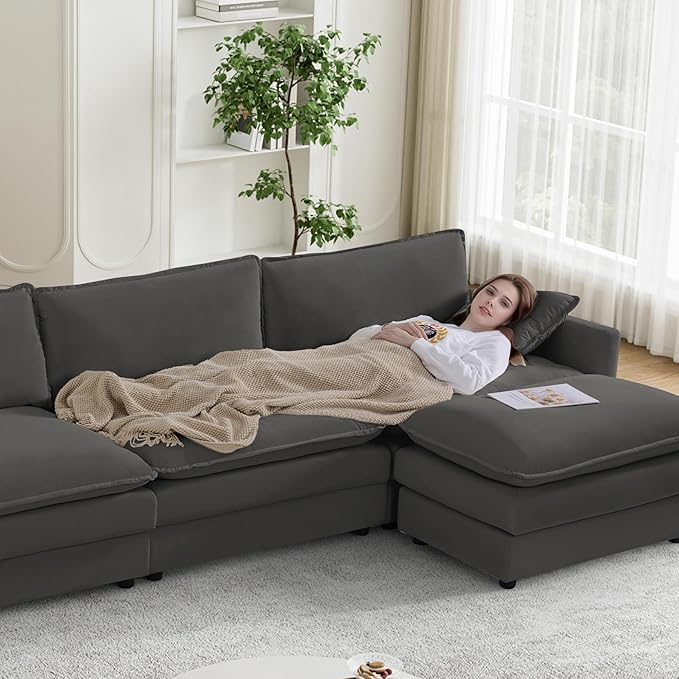 162.6 U Shaped Sectional Cloud Couch Oversized Comfy Grey Sectional Couches for Living Room Modular Couch Large Velvet Cloud Sofa with Console Bluetooth Speaker USB Ports Dark Grey