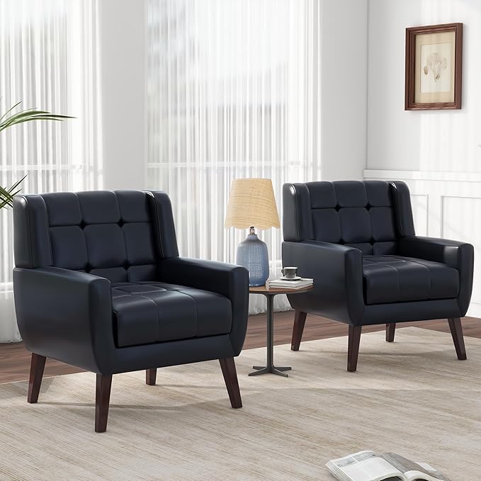 Pia Ricco 2 Pack Mid Century Modern Accent Chairs Button Tufted Faux Leather Armchairs - Easy-Clean Matching Set for Living Room Durable Sofa Chairs for Home Office &amp Lounge Black
