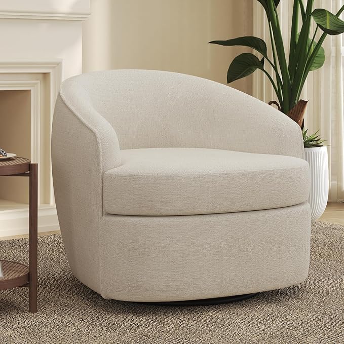 Leyu&ampHafort Modern Beige Swivel Accent Chair with Removable Foam Seat Cushion Linen Upholstered Comfty Sofa for Living Room and Bedroom Reading FSC Certified Solid Wood Base. (Cream Beige)