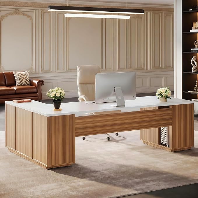 Tribesigns 85.8 L-Shaped Executive Desk Extra Large Office Desk with File Drawers Modern Business Furniture Computer Desk Workstation with Door Cabinet Shelves for Home Office White &amp Brown