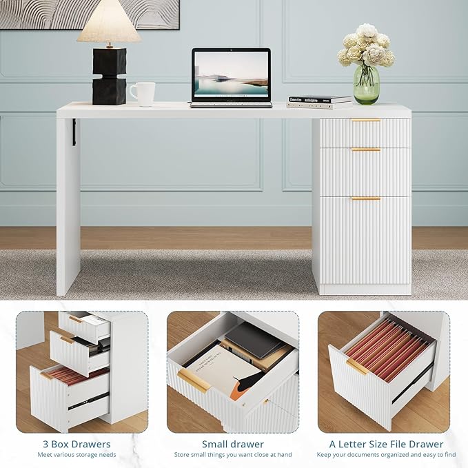 FURSUN 58 Modern Executive Desk with Storage Home Office Desk with Drawer &amp Cabinet Wooden Fluted Desk for Study Living Room Bedroom White