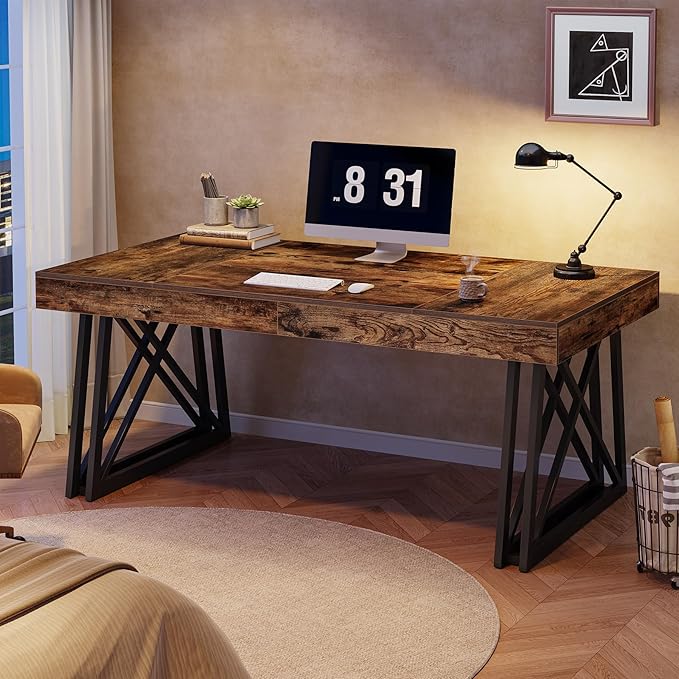 Tribesigns 63-Inch Executive Desk Farmhouse Office Computer Desk with Sturdy X-Shaped Legs Large Writing Table Business Furniture Workstation for Home Office Study (Rustic Brown &amp Black)