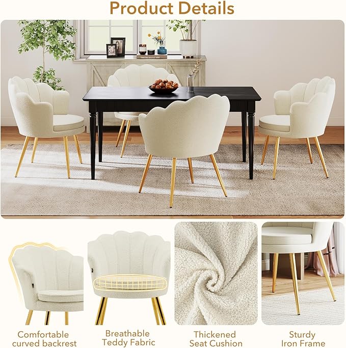 Furniliving Sherpa Vanity Chair Shell Accent Chair for Living Room Upholstered Accent Chair with Gold Metal Legs Makeup Chair for Vanity Armchair Guest Chairs Side Chair for Bedroom (White 2)