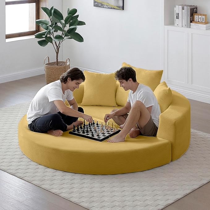 Yellow Boneless Loveseat Couch - 67 Circular Convertible Sofa Bed No Assembly Corduroy Folding Floor Futon with Pillows for Small Spaces (Yellow)