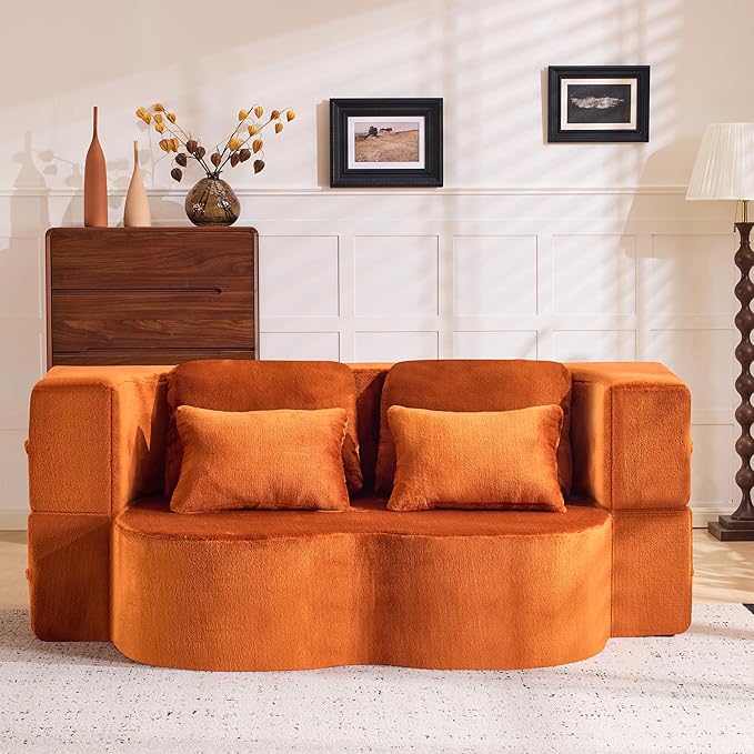 Tai Chi Symbol Loveseat Sofa Curved Yin-Yang Design Dual-Depth Meditation Couch 66.9 Chenille Modular for Small Spaces 300 lbs Capacity (Orange+4 Pillows)