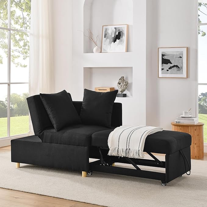 69.7 Convertible Sleeper Chair with Pull Out Bed Modern 3 in 1Comfy Single Reclining Sofa Recliner Futon Armchair with Adjustable Backrest Bed Chair for Bedroom Living Room Indoor Lounge.Black