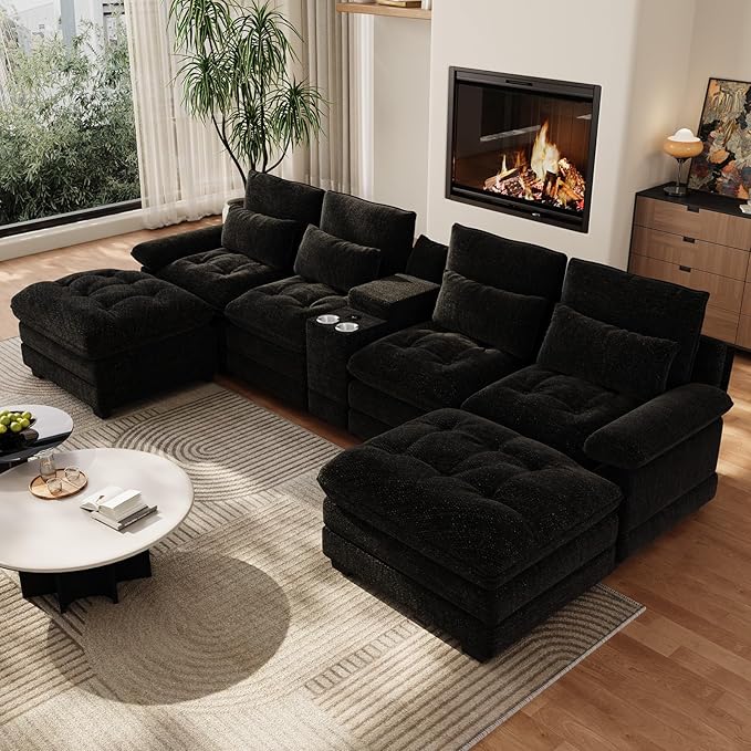 134U Shaped Sectional Couches for Living Room Oversized Modular Sectional Fluffy Couch with 2 Ottoman &amp Storage ConsoleModern 6 Seat Living Room Sofa with Glitter FabricTufted Buttons Black