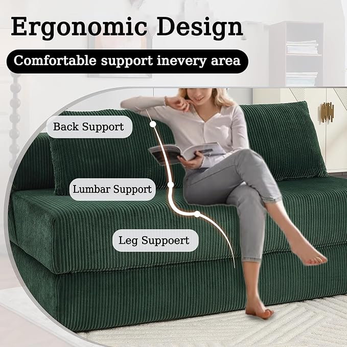 55 Convertible Folding Sofa Bed with 2 Pillows Corduroy Foldable Sleeper Sofa for Adult Floor Couch Bed for Living Room Bedroom No Assembly (Green)
