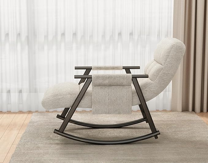 Casual Folding Rocking ChairTeddy Upholstered Rocking ChairModern Lounge Rocking ChairAdjustable High Back and Foot RestSide Pockets for Living RoomBedroomBalconyWhite