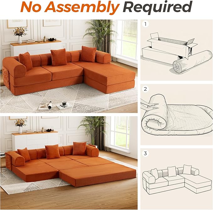 106.3 Oversized Convertible Sleeper Sofa Bed L Shape Modular Sectional Cloud Sofa with Fixed-Shape Frame Boneless Couch with Storage Pocket for Living Room No Assembly Required Orange