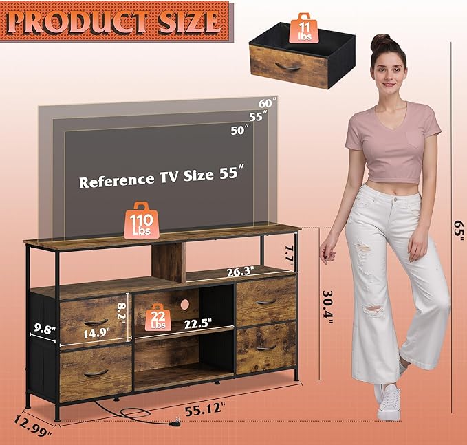 WLIVE TV Stand Dresser for 505560 inch TV Entertainment Center with LED Lights &amp Fabric Drawers Dresser TV Stand for Bedroom and Living Room with Open Shelves Rustic Brown