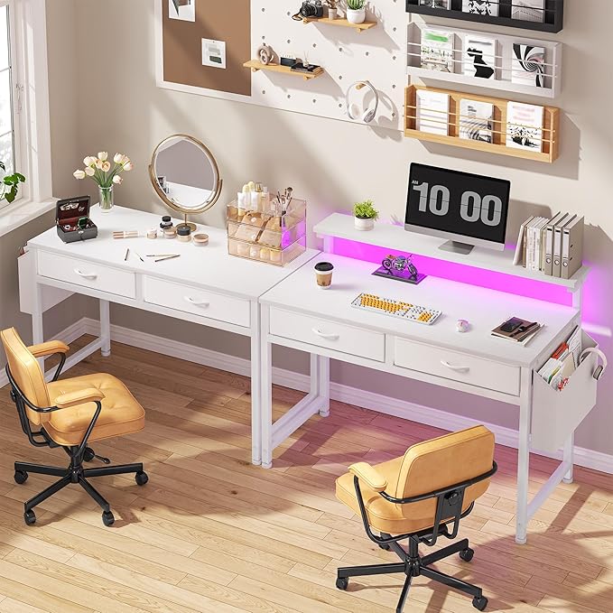 Computer Desk with 2 Drawers &amp LED Lights31.5 Inch Home Office Desks with Side Pocket and Monitor StandStudy Writing Table for Small SpacesWhite
