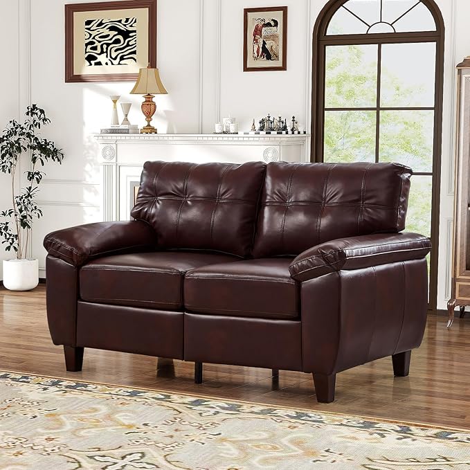59W Faux Leather Sofa Loveseat Couch with Hidden Storage &amp Tufted Backrest Upholstered Mid Century Modern Couch Deep Seat Comfy Chesterfield Sofa for Livingroom Bedroom Office(2 Seater Burgu