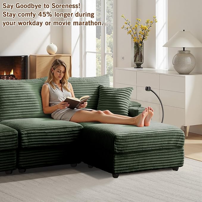 69.5 Modular Sectional Sofa L-Shaped Couches for Living Room Comfy Cloud Couch with Ottoman Convertible 3 Seats Deep Seat Sofas Green Corduroy Couch with Charger Cup Holders &amp Armrest Storag