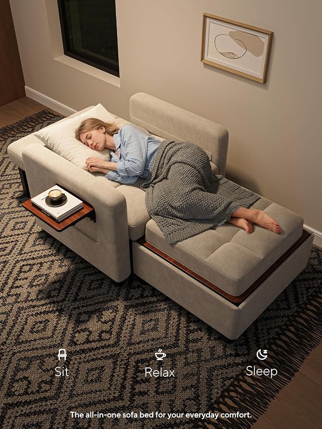 Convertible Sleeper Chair 3 in 1 Pull Out Sofa Bed | Single Sofa Bed with Storage Ottoman and Adjustable Backrest | Reading Chair with Foldable Table &amp USB Port White