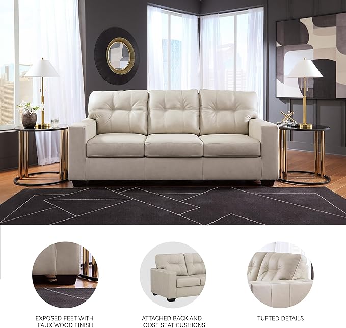 Signature Design by Ashley Santorine Classic Leather Match Sofa with Tufted Cushion and Removable Cushion Light Gray