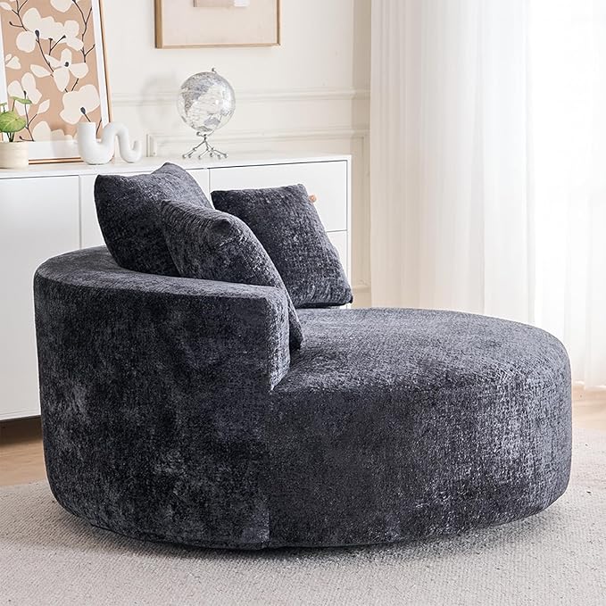 54.5 Black Oversized Swivel Barrel Chair - Chenille Comfy Modern Sofa Chair Fluffy Upholstered Round Accent Chair Cloud Lounge Armchair with 3 Pillows for Living Room Apartment