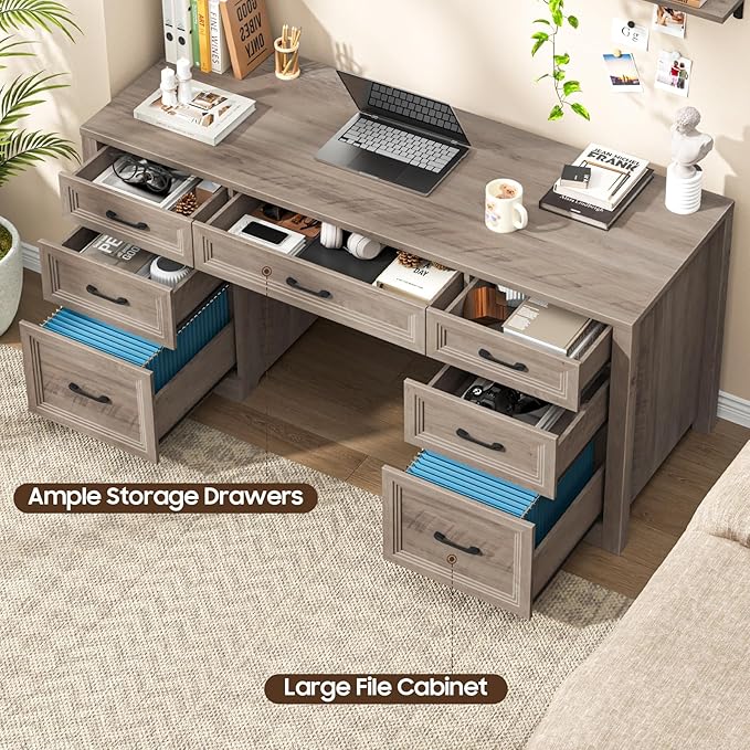 Farmhouse Executive Desk Wood Home Office Desk with 2 Large File Drawers and 5 Storage Cabinets Rustic Writing Desk for Work and Study Grey