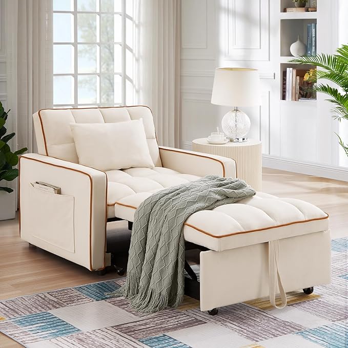Convertible Sleeper Chair Bed 3 in 1 Modern Velvet Pull Out Sofa Bed Small Tufted Single Sleeper Chair with Adjustable Backrest/Pillow for Living Room Small Spaces Apartment Office Beige