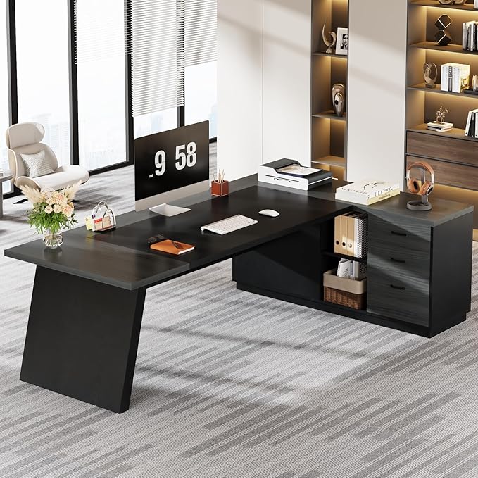 Tribesigns L-Shaped Executive Desk 78-Inch Modern Office Desk with Drawers and Lateral File Cabinet Large Bussiness Furniture with Storage Shelves Workstation for Home Office (Grey + Black)