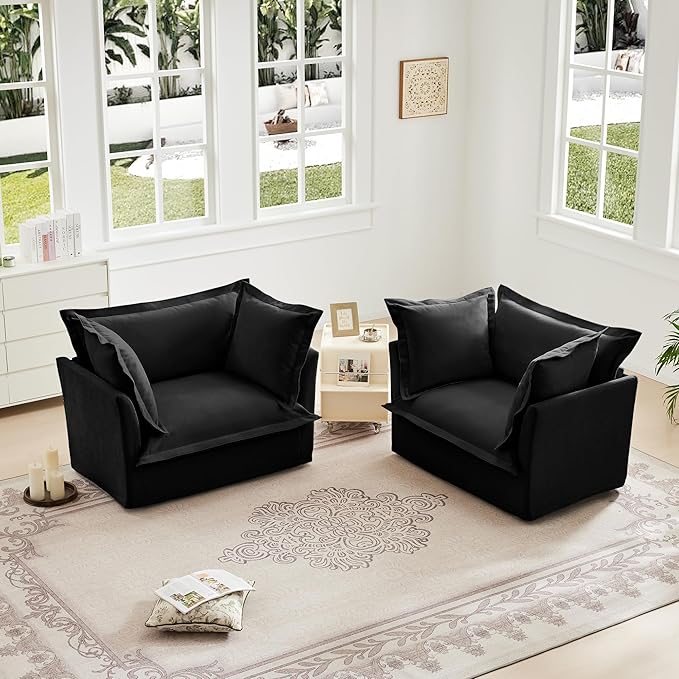 Aoowow Oversized Modular Sectional Sofa Chair Set of 2 49” Chenille Fabric Single Armchair Comfy Deep Seat Couch Sofa with Big Toss Pillows for Living Room Apartment Office(Black-Chenille)