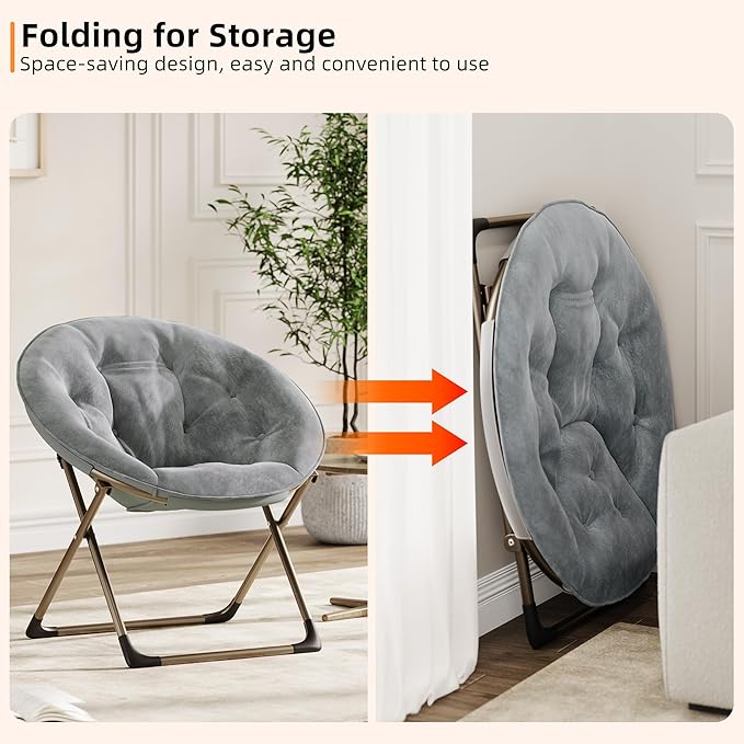 Saucer ChairFaux Fur Comfy Folding Chair with Folding Metal Frame Oversized Plush Flower Accent SeatLounge Moon Chair for Bedroom Dorm or Living RoomGrey
