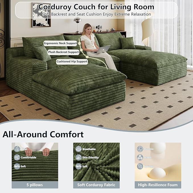 107 Cloud Sectional Couch U-Shaped Chaise with Ottoman Corduroy Boneless Couch for Living Room Bedroom Deep-Seat Upholstered Modular Cloud Sofa No Assembly Required (Green Right Facing Chaise)
