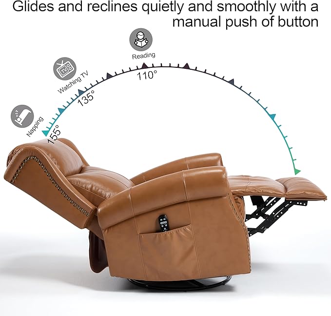 Manual Rocker Swivel Recliner Chair for Adults Vibration Massage Reclining Glider Chair with Lumbar Heat Rivet Design Single Sofa for Living Room Genuine Leather Yellow Brown