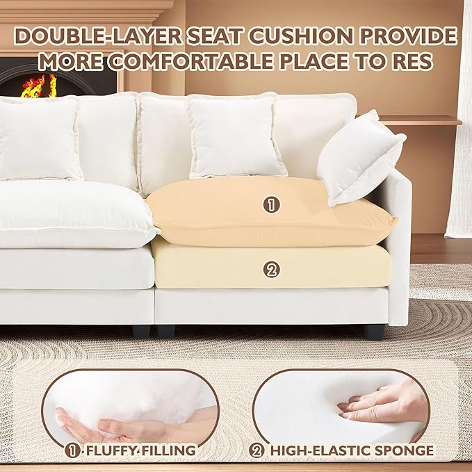111.4” L Shape Cloud Couch Modular Sectional Sofa with Movable Ottoman 3-Seater Chenille Couches Deep Seat with Throw Pillows for Living Room Apartment （Beige）