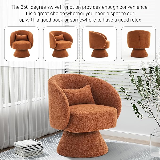 Swivel Barrel Chair Set of 2 Upholstered Swivel Cuddle Accent Chairs for Living Room Comfy 360°Small Round Boucle Sherpa Barrel Armchair for Bedroom Nursery (CaramelTeddy)