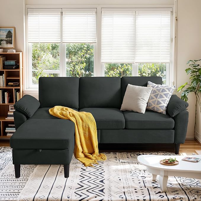 80 Convertible Sectional Sofa Small L Shaped 3 Seat Couch with Reversible Chaise Modern Fabric Sofa Couches for Living Room Apartment and Small Space Black