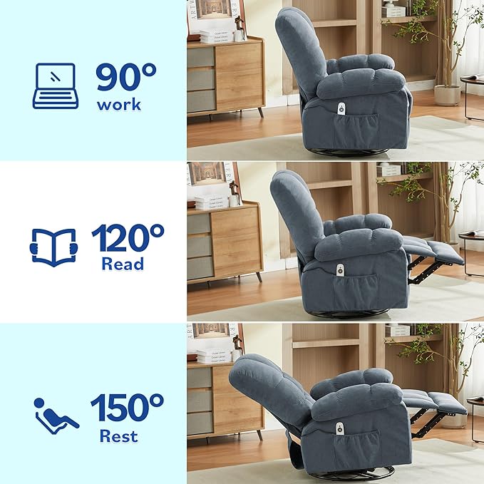 Swivel Recliner Chair for AdultsOversized Rocker Recliner with Vibration Massage and Lumbar HeatErgonomic Rocking Chair with Side PocketUSB Charge Port for Living Room