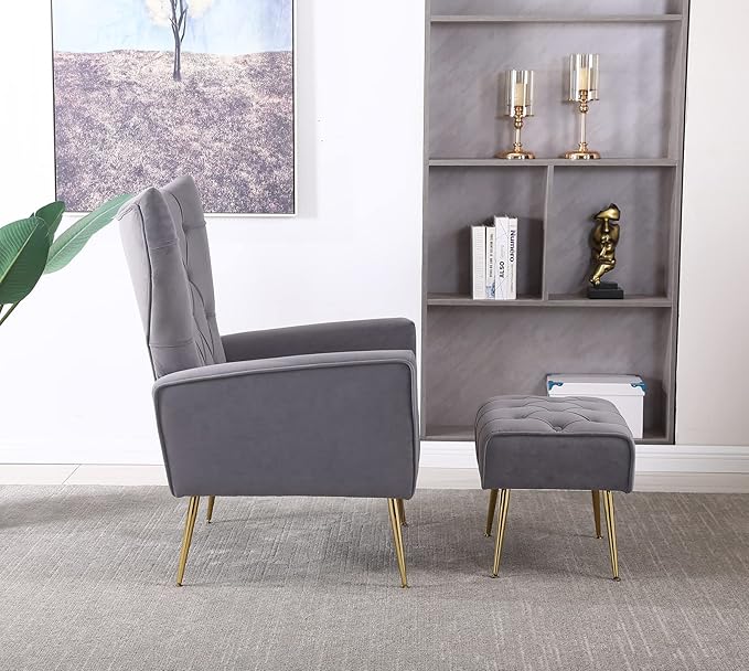 Velvet Accent Chair with Ottoman Comfy Tufted Armchair with Gold Metal Legs Modern Upholstered Wingback Chair with Footrest Set for Living Room Bedroom Lounge Office Grey