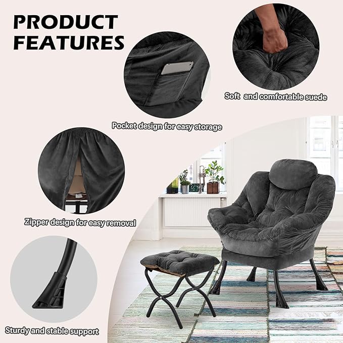 Lazy Chair with Folding OttomanLeisure Sofa ChairSoft Fabric Armchair with Armrests and Side Pockets Reading Chair with Footrest for Living Room Bedroom Office (Plush Dark Grey)