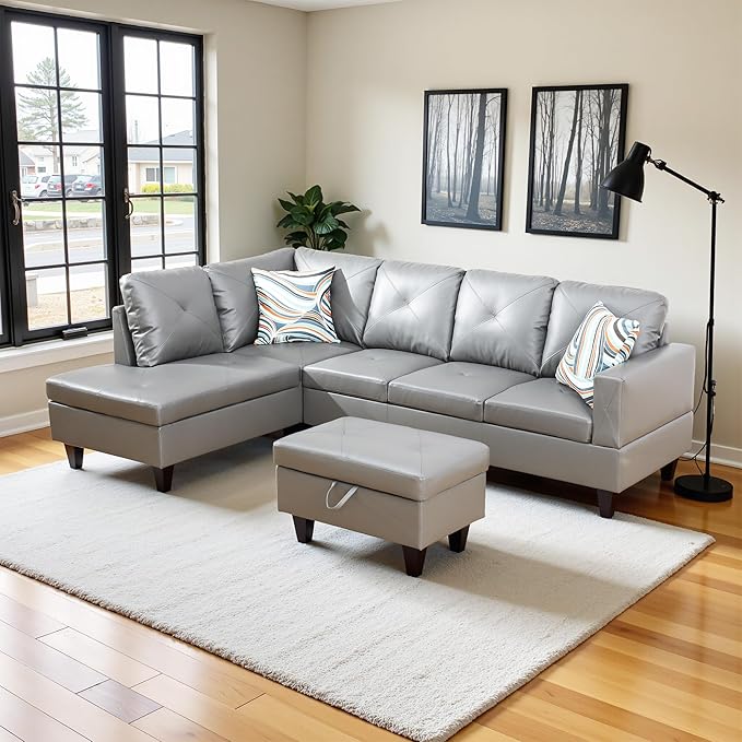 L Shaped Couch Faux Leather Sectional Couches for Living Room Upholstered 3 Pieces Modular Sectional Sofa with Chaise Ottoman with Storage for Living Room and Small Apartment Dark Grey